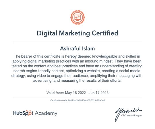 Hubspot Digital Marketing Award of Ashraful Islam