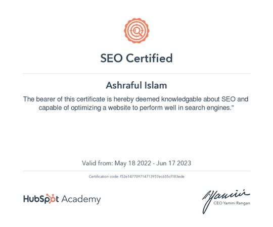 Hubspot SEO Certified Award of Ashraful Islam